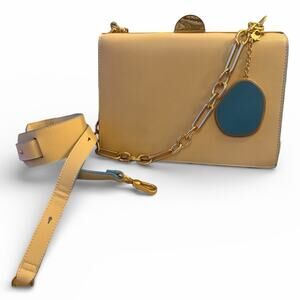 Charles & Keith Vegan Leather Suede Convertible Hand Bag Purse Beige Blue Gold